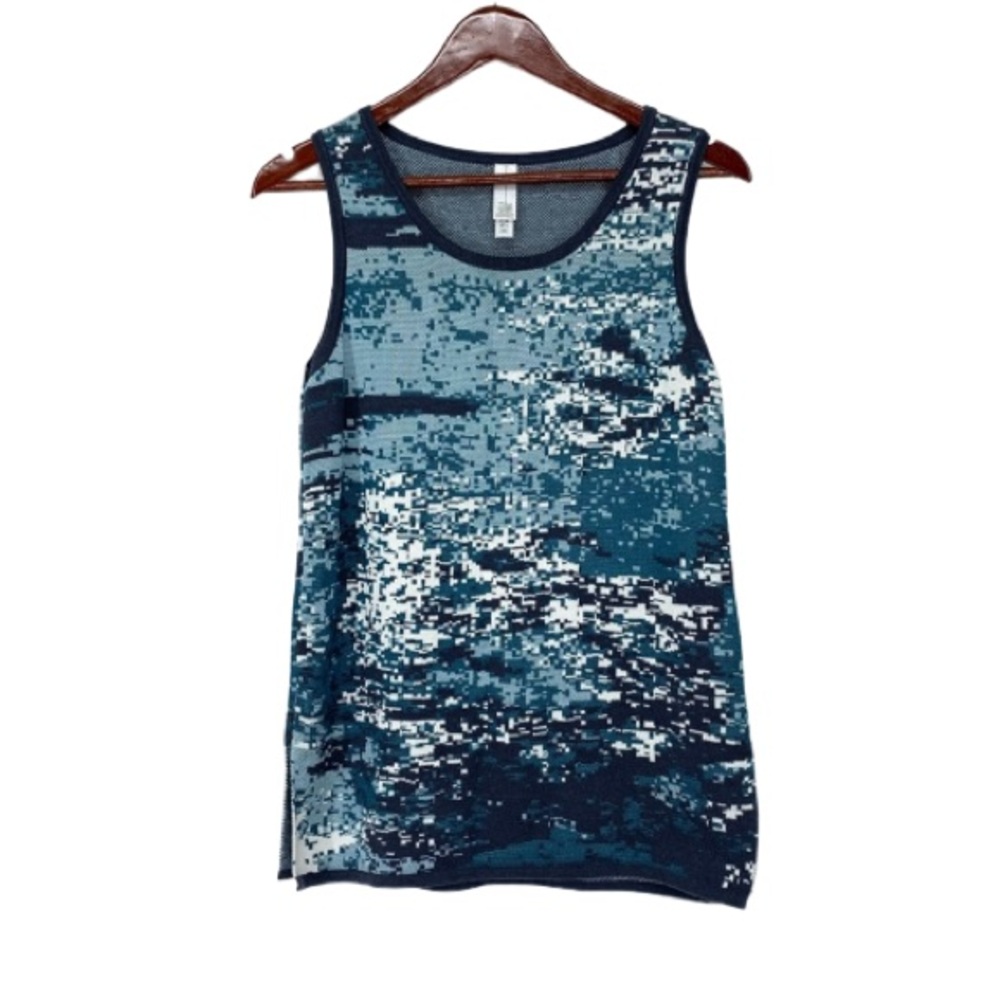 Marla Wynne Teal Pixelated Abstract Coast Sleeveless Knit Tank With Slit Hem